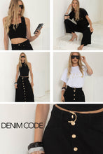 Load image into Gallery viewer, Collage of a woman wearing black denim outfits with various styles and accessories.