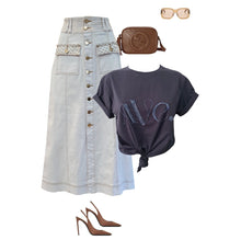 Load image into Gallery viewer, LONDON MAXI DENIM SKIRT- WHITE/GOLD
